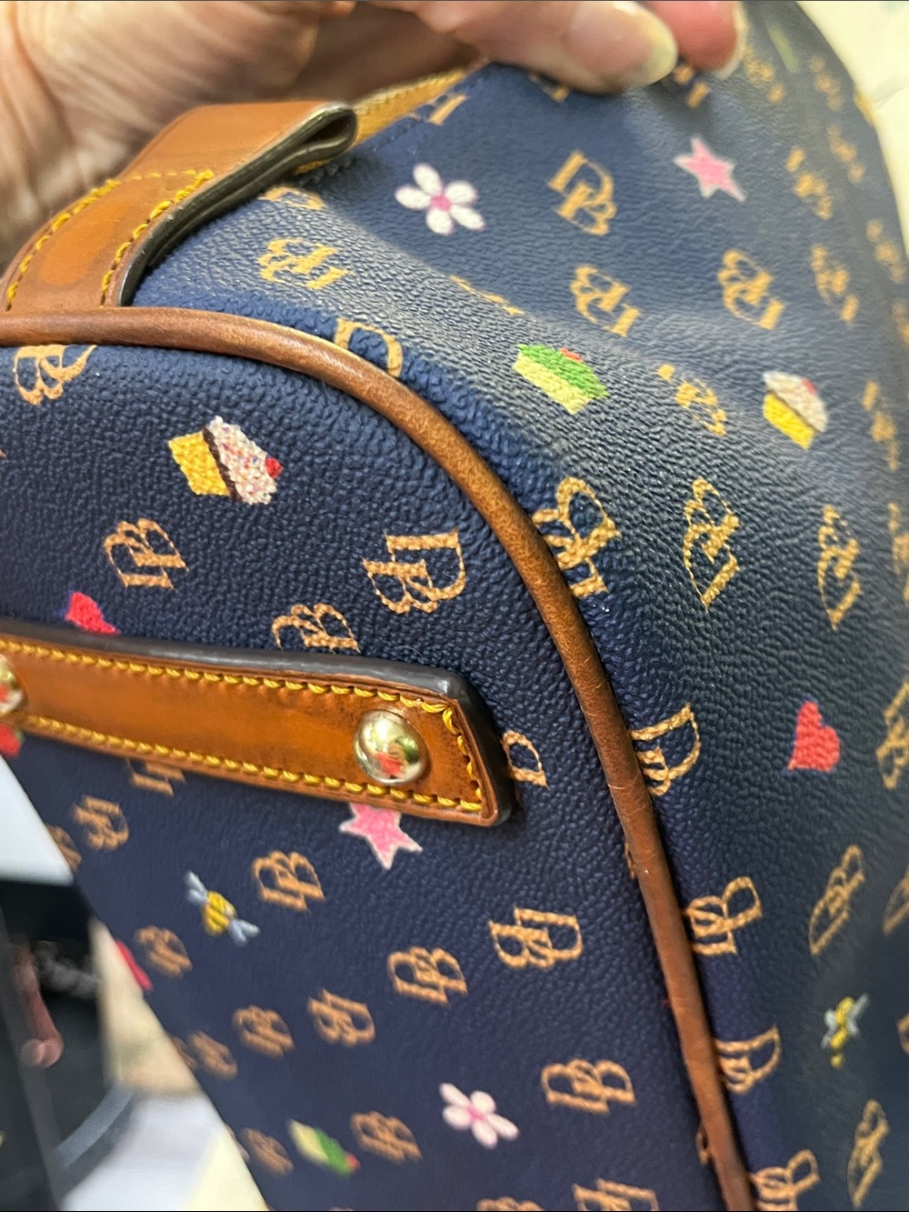 Dooney & Bourke Navy Satchel with Brown Trim and Multicolor Motifs - Picture 9 of 14